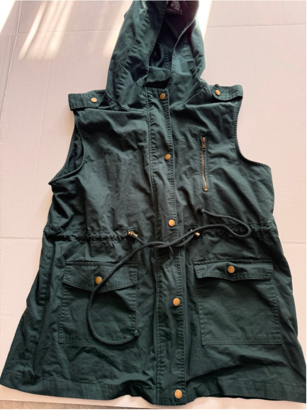 Zenana Outfitters dark green hooded utility vest with adjustable waist XL
